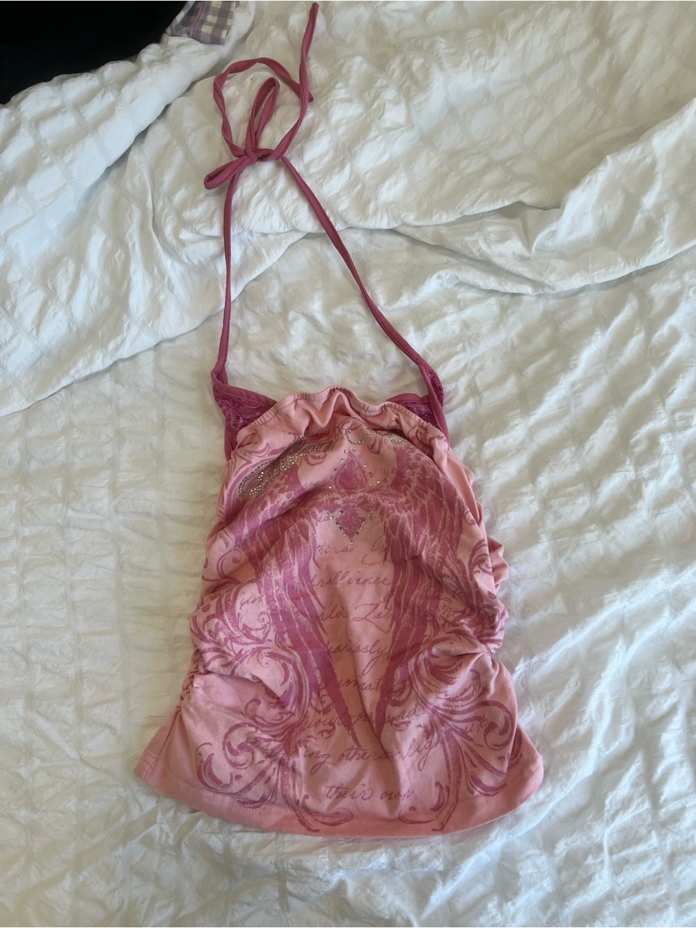 SHEIN Pink Halter Ruched Graphic Tank Top